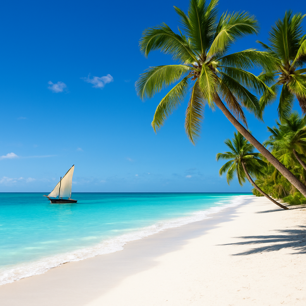 Pristine white sand beach with a traditional dhow on the Kenyan coast