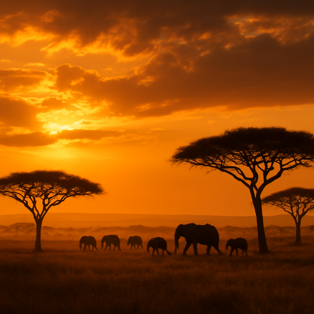 Elephants crossing the Kenyan savanna at golden hour beneath acacia trees